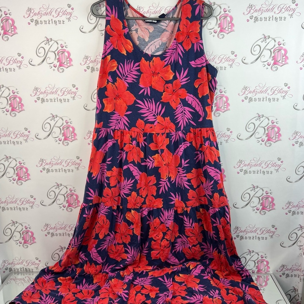 Lands end dress flowy tropical flowers red purple Vibrant Floral Sleeveless